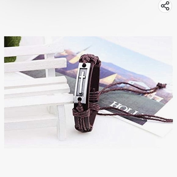Brown LEATHER Cross Charm Adjustable Bracelet - Picture 2 of 4